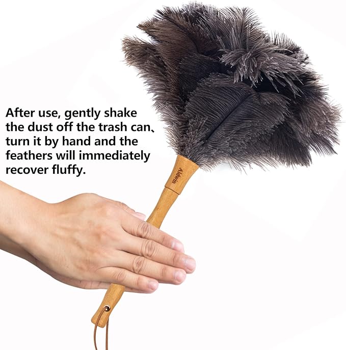 Aldwin Ostrich Feather Duster, 16 inch Ostrich Feather Duster with Wood Handle Reusable, Fluffy Natural Genuine Handheld Feather Duster for Cleaning Supplies, Home, Car, Office