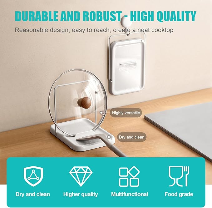 Foldable Pot Lid Organizer with Spoon Rest, Heat-Resistant & Nonslip ABS Utensil Holder for Stovetop and Countertop, White Kitchen Space Saver ﻿