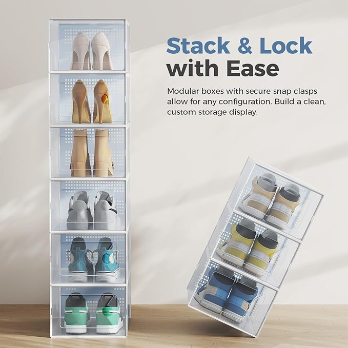 DUMOS Clear Shoe Storage Boxes, 15-Pack Plastic Stackable Shoe Containers with Lids, Display Sneaker Case Organizer for Closet, Under Bed, Entryway,White (Fit Size 11)