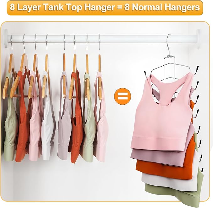 TOPIA HANGER 2 Pack Tank Top Hanger, 8 Layers Bra Hanger Space Saving, Sport Yoga Bras Holder, Closet Organizers and Storage for Camisoles Tank Tops Sports Yoga Bras Swimsuits, Silver CT79B