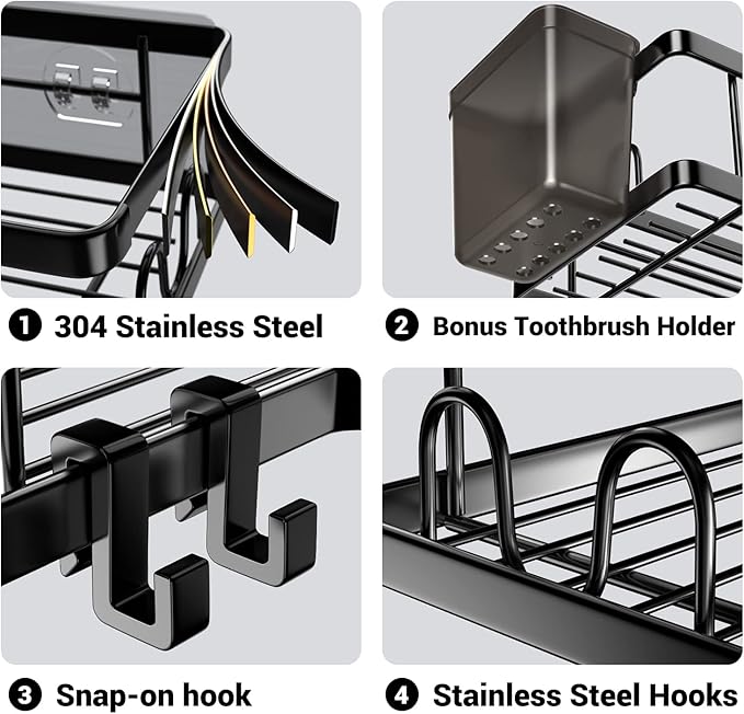 Corner Shower Caddy, 2 Pack Adhesive Shower Corner Organizer Shelves, No Drilling Stainless Steel Shower Storage Rack with Hooks&Toothpaste Holder for Bathroom Kitchen （for 90° Corners Only）