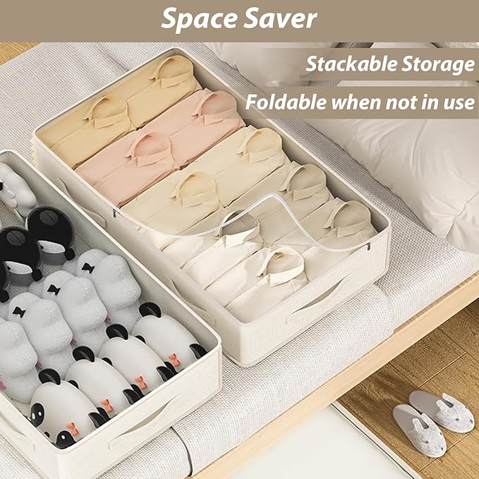 QTLCOHD 3 Pack Under Bed Storage Containers, 31.5 x 17.7 x 6 Inch Large Collapsible Beige Under Bed Drawer Storage Organizer with Handle and Lid for Clothes, Fabric, Blanket, Shoes, Sheet