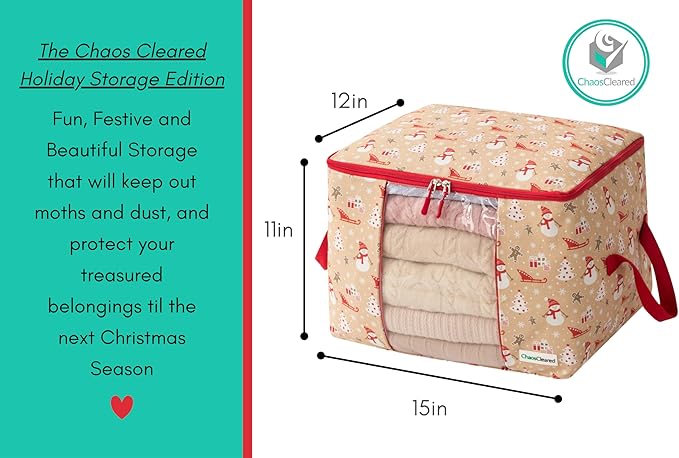 Chaos Cleared Canvas Storage Bags Designer Organizer 2 Pack – Seasonal Storage for Sweaters, Blankets, Linens & Garments – Foldable Design with Zip & Window, Moth-Proof Space Saver, Snowman Print