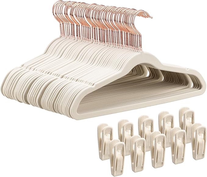 50-Pack 14 Inch Children's Closet Hangers with 10 Clips - Soft Velvet Non-Slip Hangers for Kids & Teen Clothes (Beige)