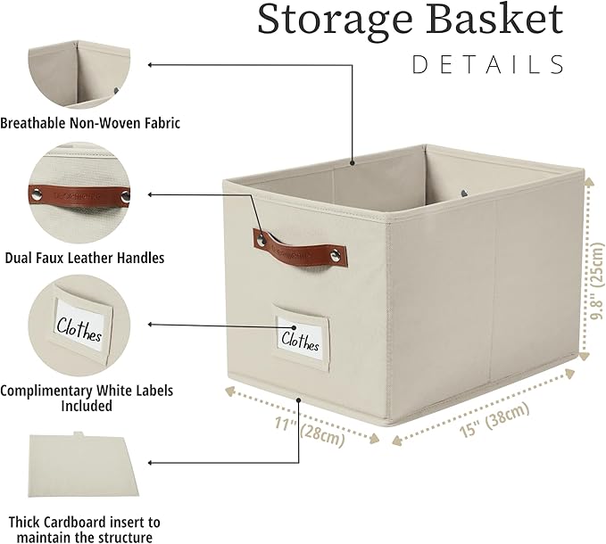 DECOMOMO Storage Baskets for Shelves - Large 15"x11"x10" Foldable Fabric Storage Bins, Baskets for Organizing with Labels (Beige, 4pcs)