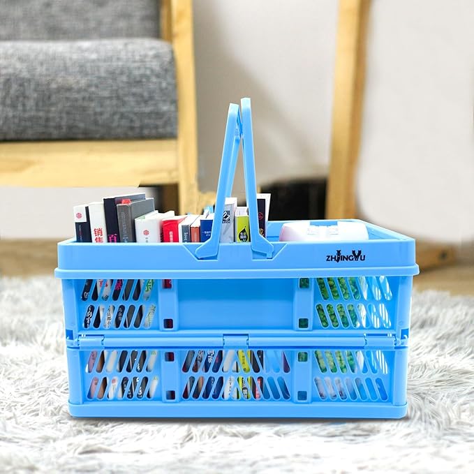 Collapsible crates for storage,plastic baskets for organizing 14.96" x 9.84"x7.87",shopping garden basket,foldable crate with Handles, car trunk basket,for Kitchen,Bathroom