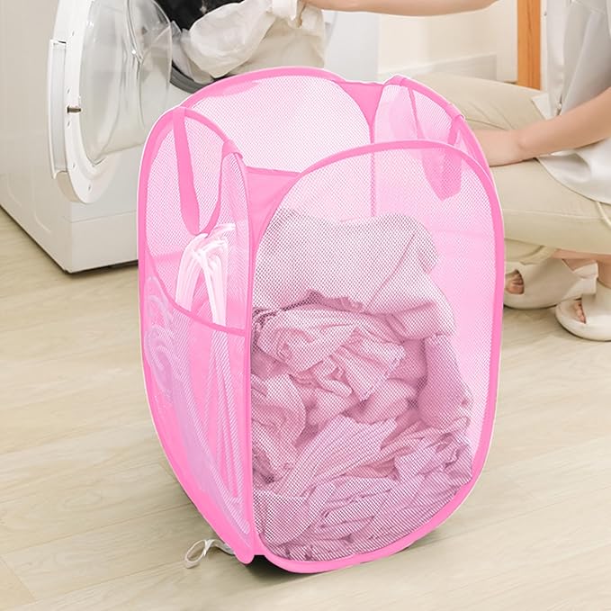 Portable Mesh Pop Up Laundry Hamper Pink Vertical Collapsible Laundry Basket With Strong Handles for Easy Storage, Suitable for Bedroom, College Dorms, Travel, RV