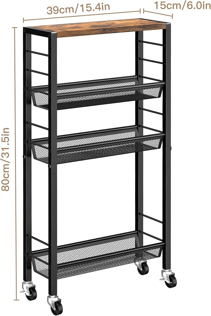 Narrow Storage Cart with Wheels,4-Tier Narrow Kitchen Carts Slim Rolling Cart,Skinny Storage Cart for Small Spaces,Rolling Utility Cart for Livingroom,Diningroom,Office,Laundry Room,Bathroom