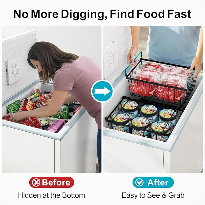 iSPECLE Deep Freezer Organizer, 8 Pack Wire Baskets for 5 Cu.Ft Chest Freezer & Upright Freezers (Over 8.5 Cu.Ft), 14" x 9.4" Stackable Heavy Duty Storage Bins Easy Access to Sort Meat, Black