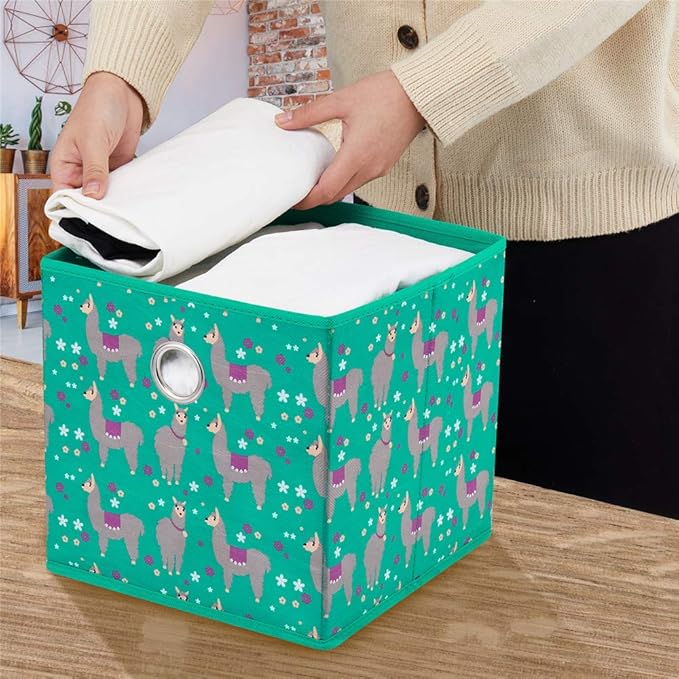 Fabric Strorage Cubes Box Basket Bins Foldable 10x10x10 Inch Lake Green Alpaca Pattern for Closet Organizer Inserts Drawers ,QY-SC16-3