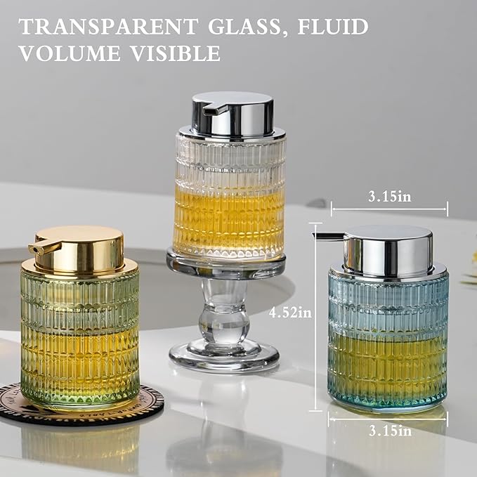 Glass Foam Soap or Lotion Dispenser, Refillable Liquid Dispenser with Large Silver Pump (Striped Pattern-Blue)