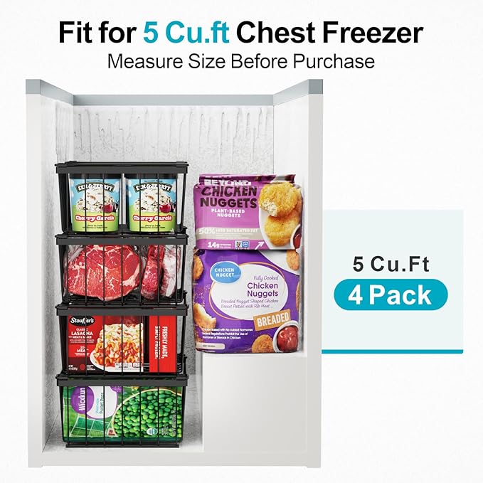 iSPECLE Freezer Organizer Bins, 4 Pack Stackable Chest Freezer Organizer for 5 Cu.Ft Deep Freezer, 14" x 9.4" Heavy Duty Wire Baskets with Handles, Easy Access to Sort Meat & Veggies, Black