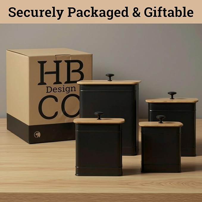 Kitchen Canisters for Countertop Set of 4 with Customizable Chalkboard Labels & Marker Pen - Big Iron Kitchen Canisters with Airtight Lids - Black Canister Set - Flour and Sugar Containers Farmhouse