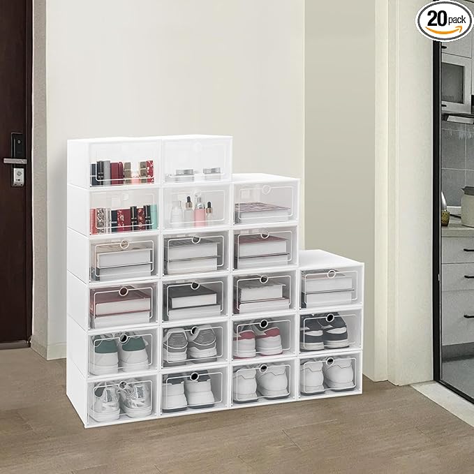 20 Pack Shoe Organizer and Storage Boxes, Foldable Stackable Plastic Shoe Box with Clear Drop-Front Door & Ventilation Hole, Versatile Closet Organizer for Sneakers, Accessories, and Home Organization