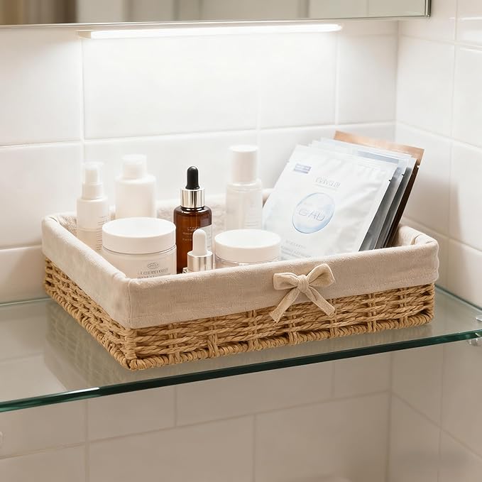Set of 4 Wicker Baskets for Organizing – Khaki Paper Rope, Fabric Lined Shallow Shelf Storage Bins, Handwoven Rectangular Pantry & Closet Organizer Baskets