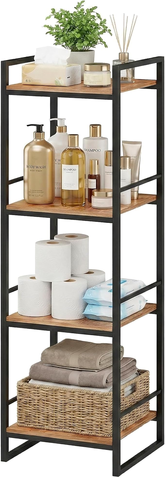 BYFU 4 Tier Bathroom Storage Open Shelf, Freestanding Metal Corner Storage Rack Shelving Unit for Bathroom Kitchen Living Room Hallway, Rustic Brown