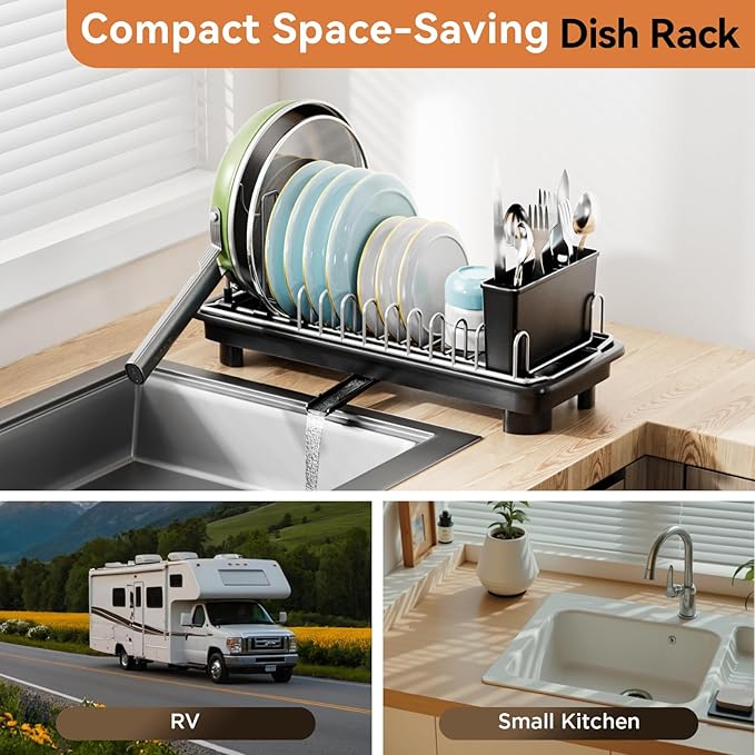 Small Dish Drying Rack, Compact Dish Drainer for Kitchen Counter, with Adjustable Back Slots, Space-Saving for Small Kitchens, Black
