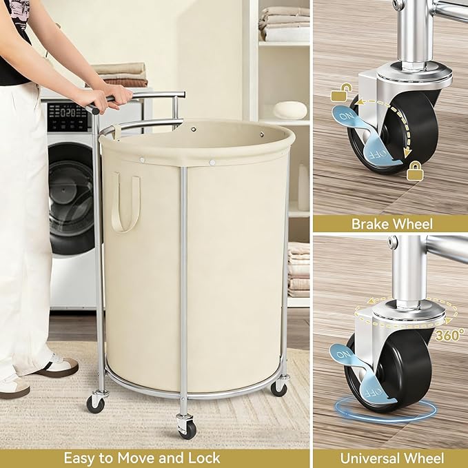 Chrislley 160L Double Laundry Hamper with Wheels, Rolling Laundry Basket with Removable Bag,Round Iron Laundry Cart with Steel Frame and Handle, Dirty Clothes Hamper Organizer for Dorm,Hoom(Beige)