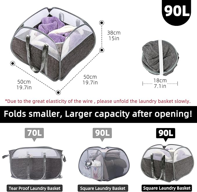 Collapsible Laundry Basket, 90L Foldable Pop-up Laundry Hamper with Reinforced Handles, Tear Proof Mesh Dirty Clothes Hamper for Laundry (Gray, 2PCS)