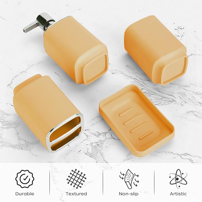 4Pack Bathroom Accessories Set, Bohemian Bathroom Sink Set, Contain Soap Dispenser, Toothbrush Holder, Soap Dish & Mouthwash Cup,Square soap and Toothbrush Holder Set