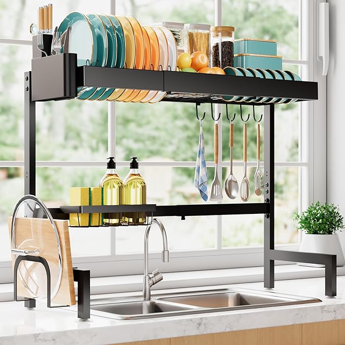 Over The Sink Dish Drying Rack, Expandable 2-Tier Stainless Steel Kitchen Storage Organization Accessories for Countertop, Rustproof & Space-Saving, 30"–34.5" L x 12" W x 25" H, Black
