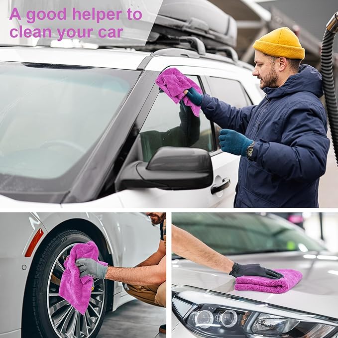 Shimeyao 30 Pcs 16 x 16 Inch Edgeless Microfiber Plush Towels for Cars Detailing Drying Wash Polishing Absorbent Cleaning Cloths, 500 GSM (Purple)
