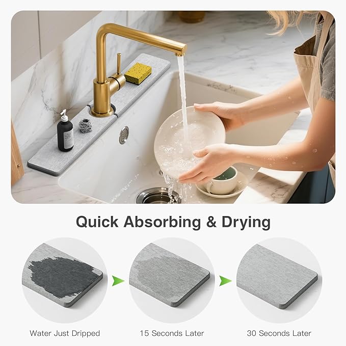 23.6" x 4" Stone Faucet Mat for Kitchen Sink, Quick Drying Diatomite Sink Tray, Faucet Sink Splash Guard for Prevents Moisture Buildup (Light Gray)