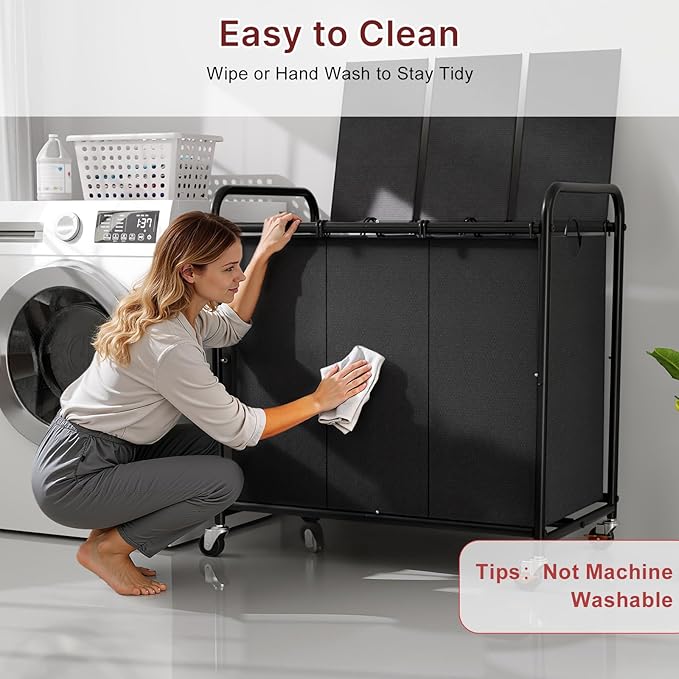 3-Compartment Laundry Cart with Lockable Wheels & Lid 180L Large Wheeled Laundry Basket Heavy-Duty Sorting Organizer for Laundry Room (Black)