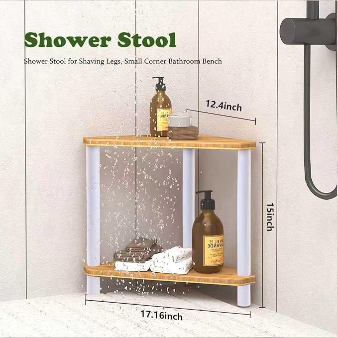 OKIIKOK Bamboo Corner Shower Stool for Inside Shower,2-Tier Waterproof Shower Bench Small Spaces,Shower Foot Rest with Storage Shelf Bath Seat White