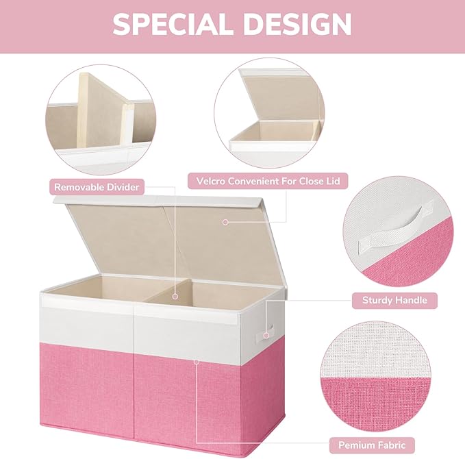 INDRESSME 25"x13"x16" Large Toy Storage Box with Lid, Collapsible Storage Organizer Baby Toy Storage for Kids Boys Girls, Toy Bin Organizer for Nursery, Bedroom, Living Room (Pink & White)