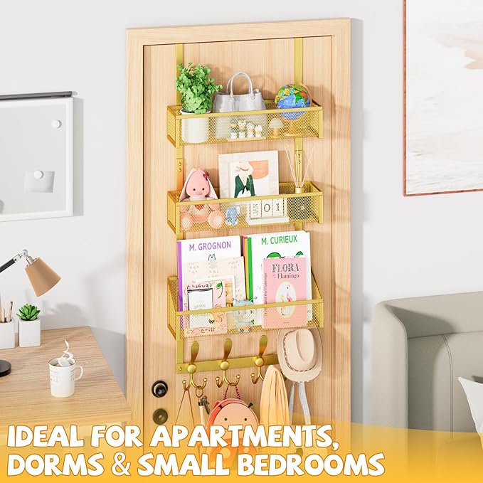 Over The Door Hooks Organizer, Coat Rack Over The Door Storage Hanger Towel Rack, Back of Door Storage Organizer for Bathroom,Bedroom,Kitchen,Office (Gold, 4-Tier)