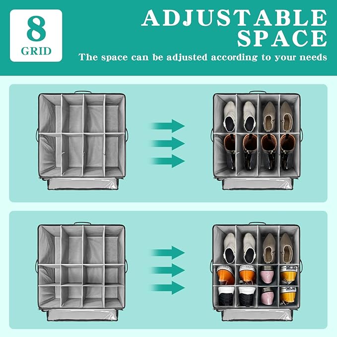 Shoe Organizer for Closet, Stackable Shoe Box w/Clear Cover & Reinforced Handles, Fits 16-32 Pairs, Adjustable Dividers for Sneakers Heels, for Home Travel Entryway, Grey