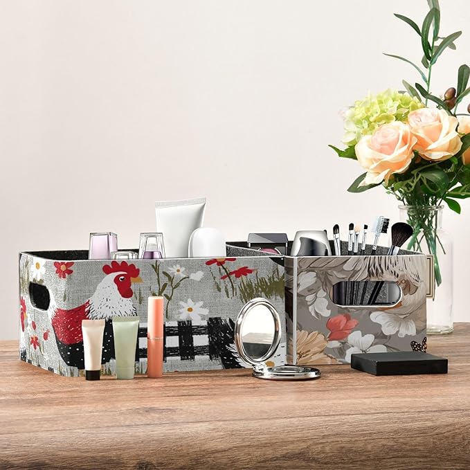 Closet Storage Bins 2 Pcs Felt Open Home Storage Containers Organizer with Handles Collapsible Shelf Basket for Home Office Craft Room Classroom Fabric Grey Chicken and Daisy Flowers