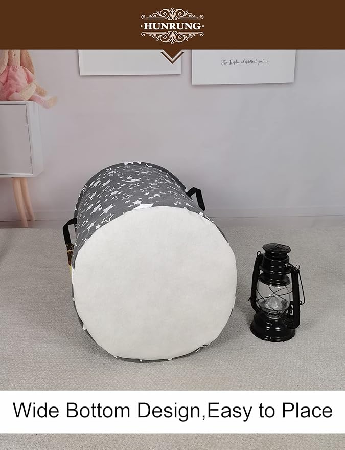 HUNRUNG Laundry Hamper,Large Canvas Fabric Lightweight Storage Basket Toy Organizer Dirty Clothes Collapsible Waterproof for College Dorms, Children Bedroom,Bathroom（Round star）