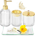 Gold Bathroom Accessories Set, 4Pcs Clear Glass Bathroom Accessory Sets Complete of Soap Dispenser, Toothbrush Holder, Apothecary Jar(Qtip Holder), Vanity Tray, Modern Home Decor Housewarming Gifts