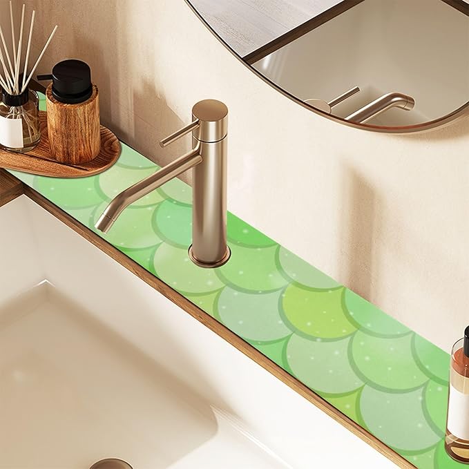 Kitchen Sink Splash Guard 1 PC 30 Inch Sink Faucet Mat Splash Guard for Bathroom Countertop Water Absorbent Foldable Cuttable Soft Washable Green Fish Scale