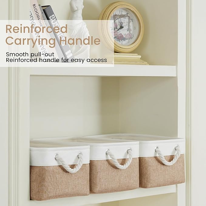 Storage Baskets for Shelves 13.8x9.8x6.7 Inch, Foldable Fabric Storage Bins with Handles, Small Storage Baskets for Organizing Closet, Office, Home Organization (3-Pack, White&Khaki)