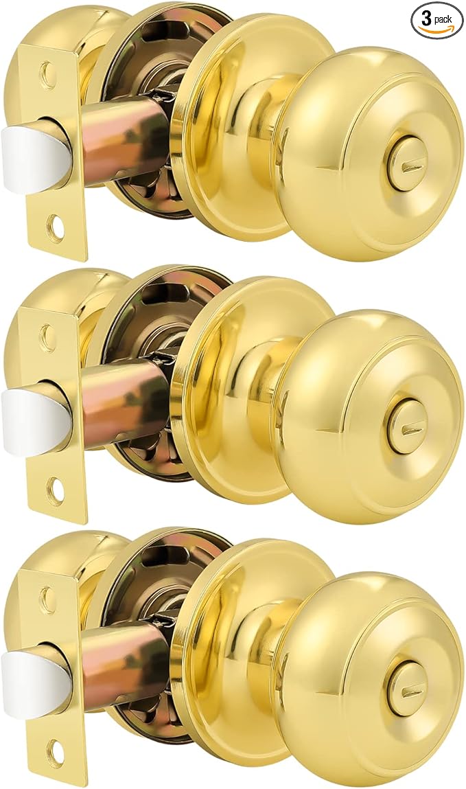 Probrico Privacy Door Knobs Lock Interior Bedroom Bathroom Door Handle Polished Brass Round Ball Keyless Lockset 3 Pack