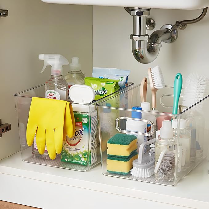 KJIXYUNG Clear Plastic Storage Bins, 4-Pack Stackable Pantry Organizers and Storage Containers for Kitchen, Fridge, Cabinet and Closet Organization - Home Essentials