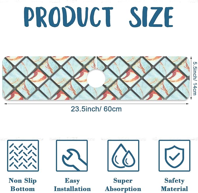 Rendering Marble Kitchen Sink Splash Guard Faucet Mat Blue Wall Tiles Super Absorbent Fast Drying Mat Sink Splash Guard Behind Faucet for Kitchen Bathroom, 23.5"x5.5"