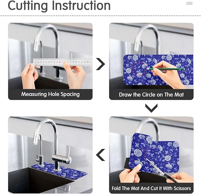 Blue and White Leaf Flower with Borders Kitchen Sink Splash Guard Sink Faucet Mat Faucet Handle Drip Catcher Drain Mats for Kitchen Bathroom Countertop Absorbent