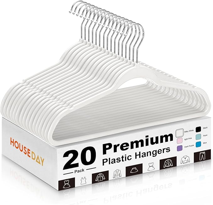 HOUSE DAY Ivory Plastic Hangers 20 Pack - Heavy Duty Non-Velvet Hangers with 360° Swivel Hook & Non Slip Notches - Slim Space Saving Clothes Hangers, Durable Closet Organizers for Coats Shirts Dresses