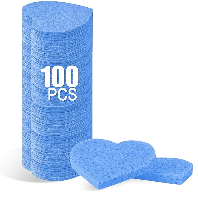 100-Count Compressed Facial Sponges for Estheticians Heart Shape Natural Cellulose Sponge Professional Cosmetic Spa Sponges for Face Cleansing, Massage, Pore Exfoliating, Mask, Makeup Removal, Blue