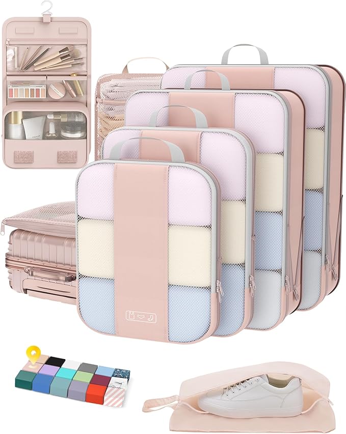 OlarHike 8 Set Compression Packing Cubes,Christmas Gifts for Women Mom Girl,Compressible Expandable Luggage Clothes Organizer for Travelers,Airplane/Cruise/Car/Train Travel Essentials(Beige2)