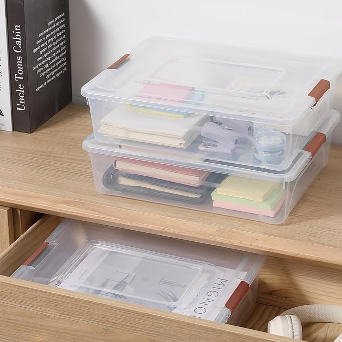 novelinks Clear Stackable Storage Bins with lid Storage Boxes Durable Plastic Organizer Containers for Home Office, Kitchen, Craft Supplies (10 Quart 4 Pack Brown)