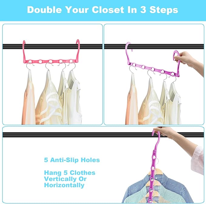 DUCOO 10 PCS Space Saving Hangers, 5-Hole Magic Hangers - Sturdy Plastic Hanger, Closet Organizers for Clothes Storage, College Dorm Essentials, Home Organization (Color)