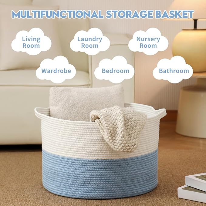 Foldable Laundry Hamper Basket with Collapsible Handle Cotton Rope Soft Woven Fabric Storage Organizer Clothes Toys Nursery Bedroom Dorm Space Saving Bin (White & Blue, 65L(19.7"D x 12.6"H))