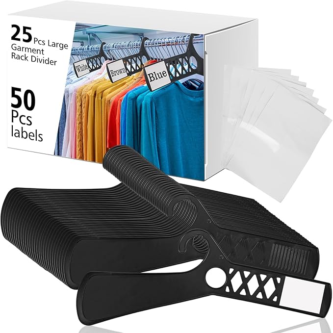 DoubleFill 25 Pcs Large Closet Dividers and 50 Pcs White Blank Cards 18 Inch Clothing Rack Size Dividers for Hanging Clothes, Black Garment Rack Tag for Clothes Organization