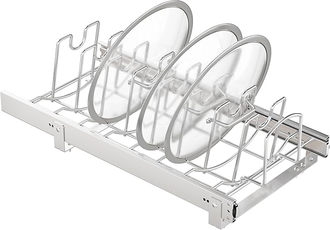 Slide Out Pot Lid Organizer Under Cabinet, Wire Dividers Kitchen Pull Out Pot Lid Storage Rack Holder, Full-Extension Rail 12" W*22" D