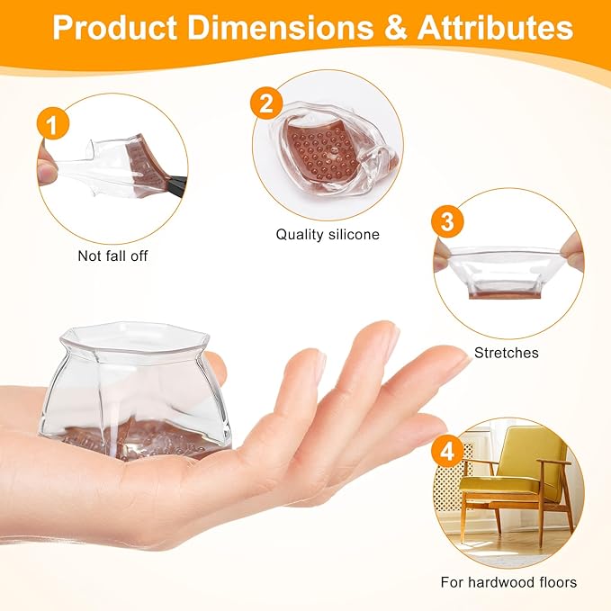 CHUNZEXI 16 Pack Square Chair Leg Floor Protectors for Hardwood Floors, Silicone Felt Covers Pads Caps, Protect Wood Furniture Feet Floors Noise Reduce and Scratch (Square X-Lager & Clear)